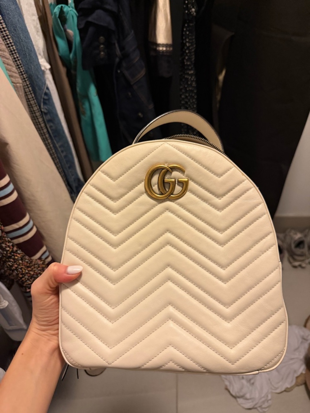 Gucci Cream Marmont Leather Backpack with Gold GG